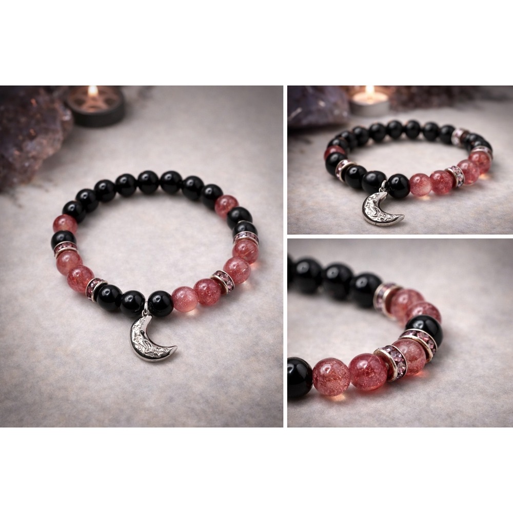 Strawberry Quartz‎ Rainbow Obsidian Bracelet Moon Charm Witchy Boho Apothecary